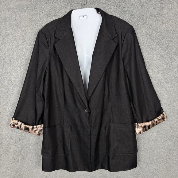 Susan Graver Blazer One Button Pockets Jacket Leopard Trim sz 2X mobwife office - Picture 1 of 13